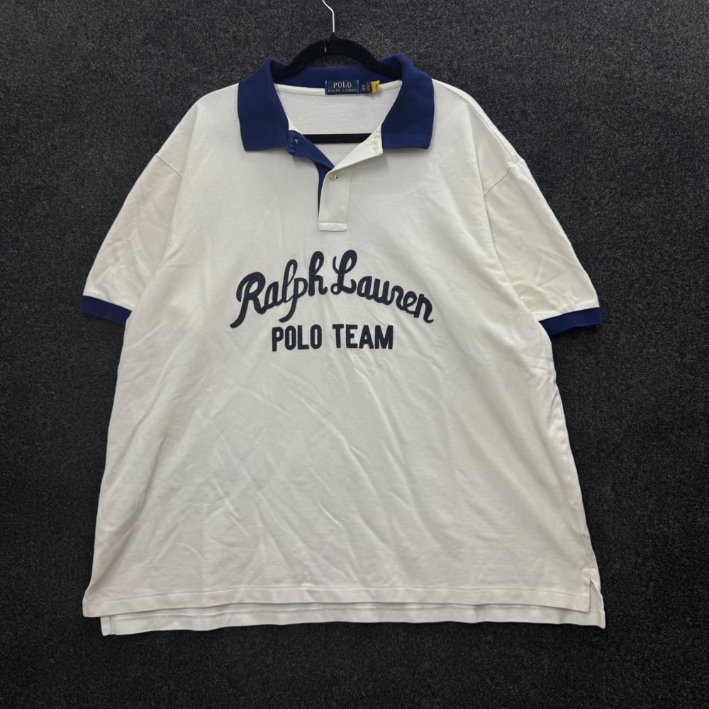 Polo Ralph Lauren Mens 2XB White Navy Polo Team Graphic Chain Stitch Polo Shirt